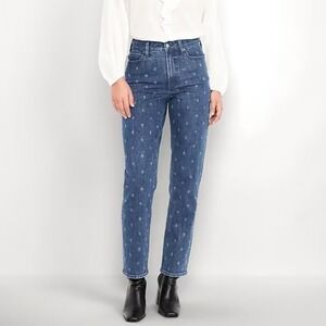 Old Navy Extra High-Rise Straight Jeans 10 blue diamond textured denim med wash